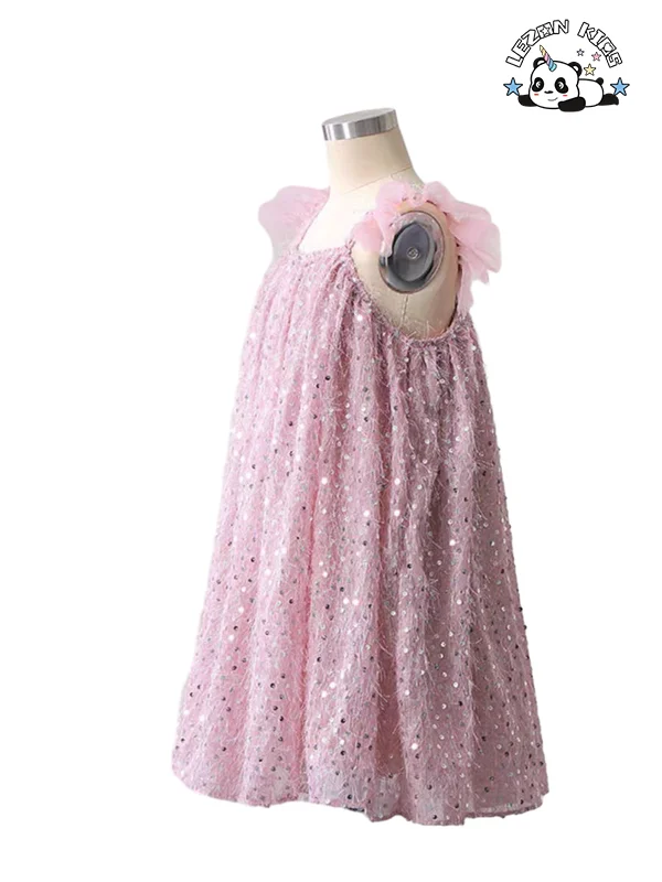 LEZONKIDS - Produto Novo da OEM Explosão Personalizado Sem Manga Rosa Brilho Lantejoulas Princesa Vestido para Menina